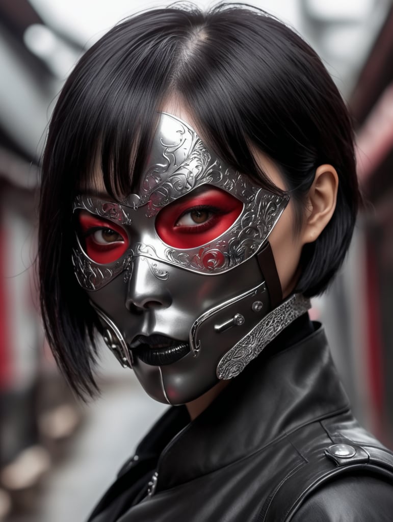 Korean vampire woman, short black hair wearing a silver mask. Covered a Her face in half . Red lenses contact . Wearing leather black jacket , in a sinister environment