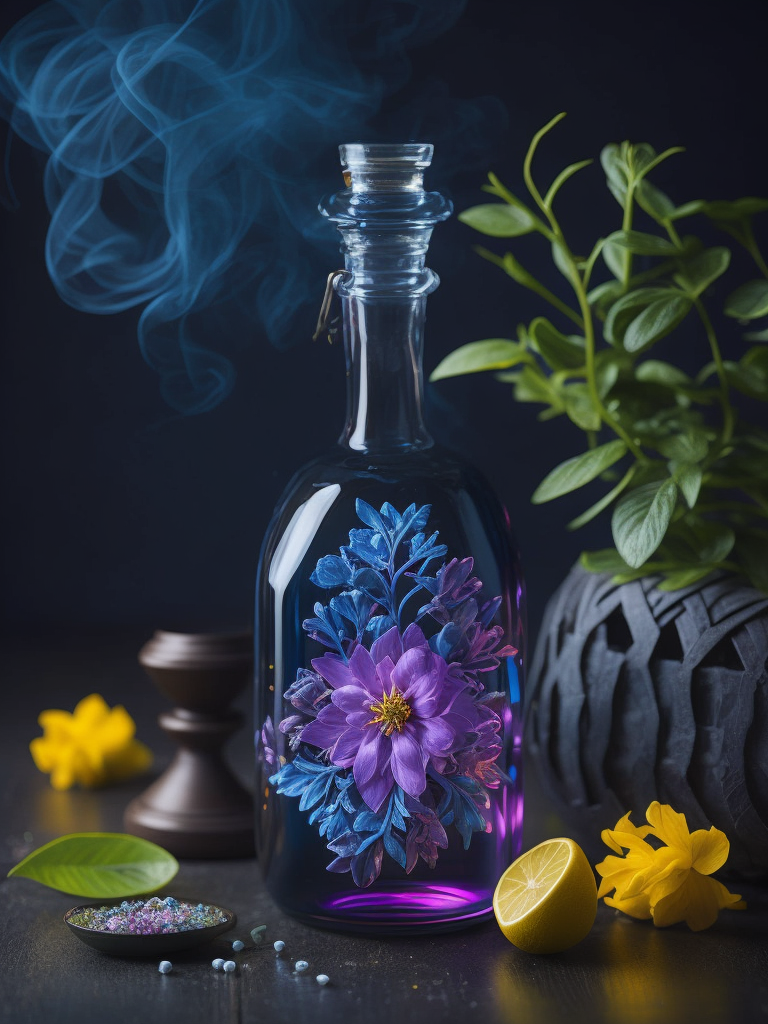 Magic elixir bottle with illuminated liquid, carved glass, decorated with flowers and gems, fairy atmosphere, illumination, dark blue color, smoke