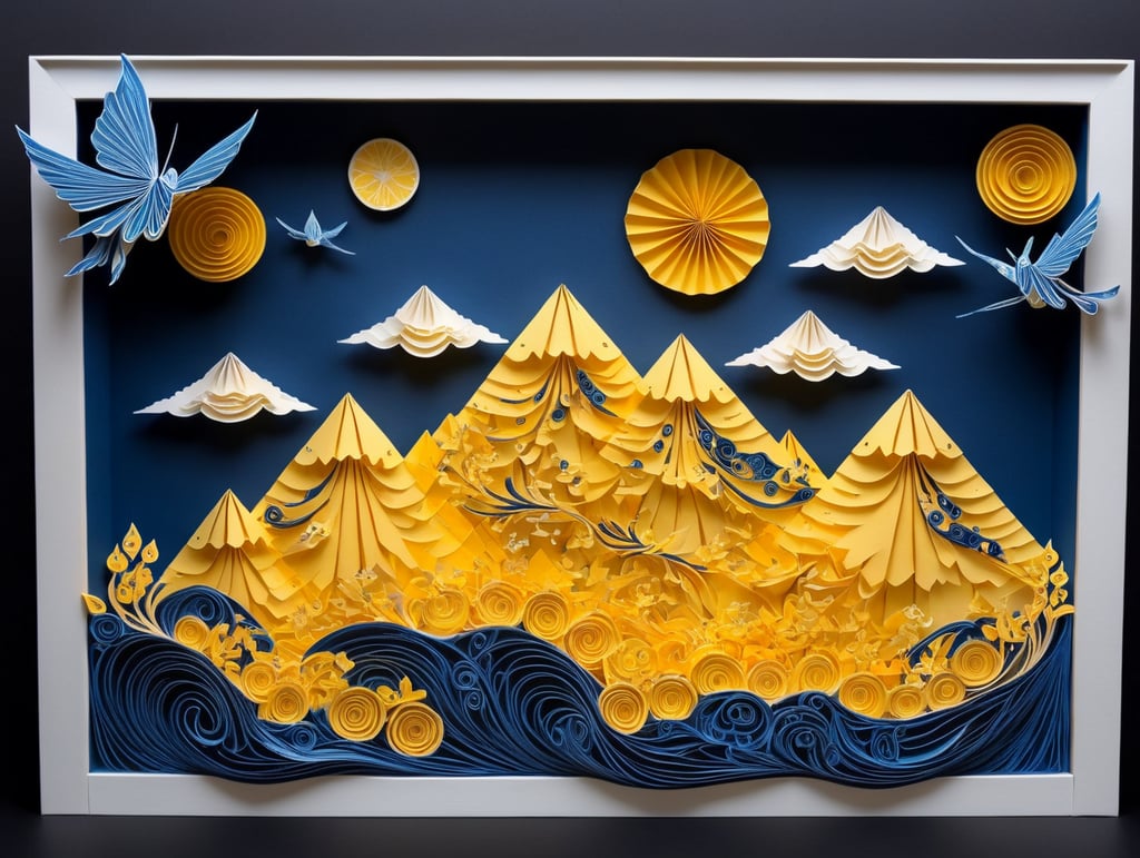 surreal mountain scape with an overall color of blue with bursts of pale yellow