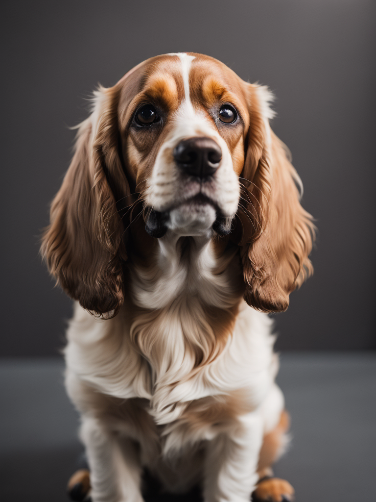 Cocker Spaniel(((smiling))) sitting, see front camera, photo fron a withe background. (((smiling)))