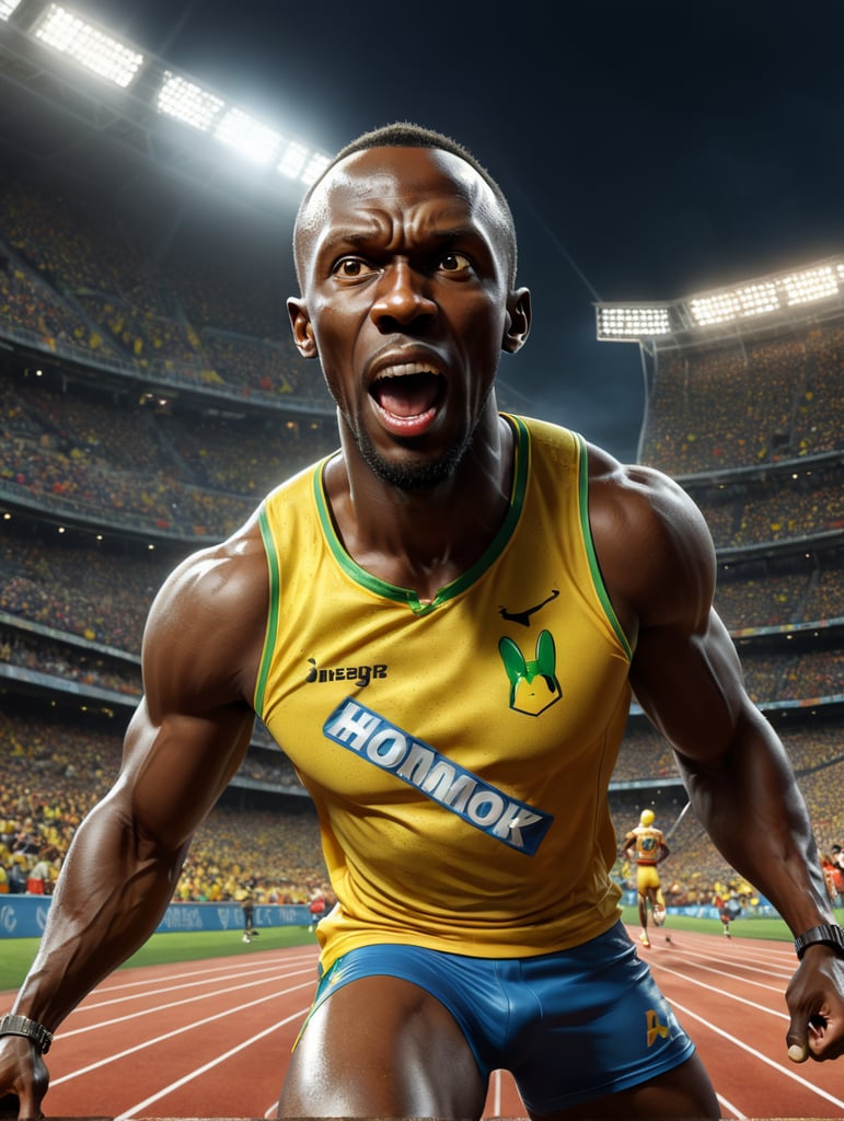 Usain Bolt as A cartoon character, such as Mickey Mouse, Bugs Bunny, or Homer Simpson.