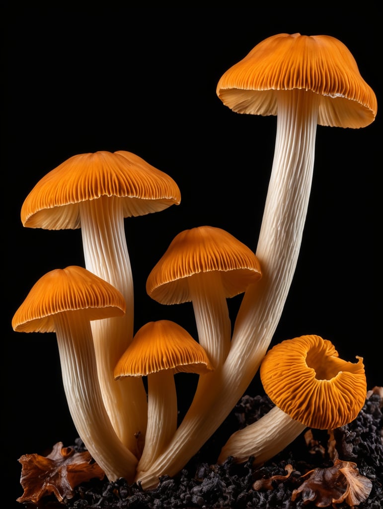 Macro photo of a black chanterelle mushroom, isolated, black background