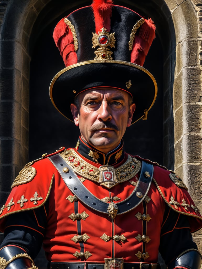 Portrait of a Beefeater man, ceremonial guard of the Tower of London.