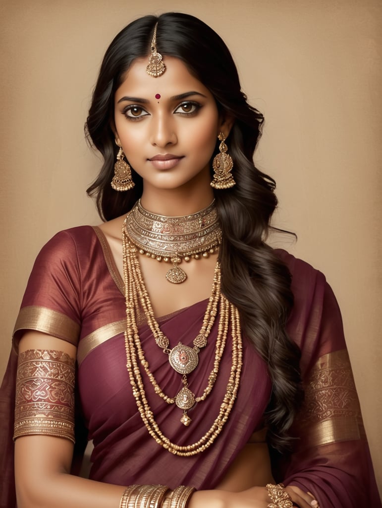 Indian girl dressed in sari and ethnic Indian jewelry, style by Jamini Roy