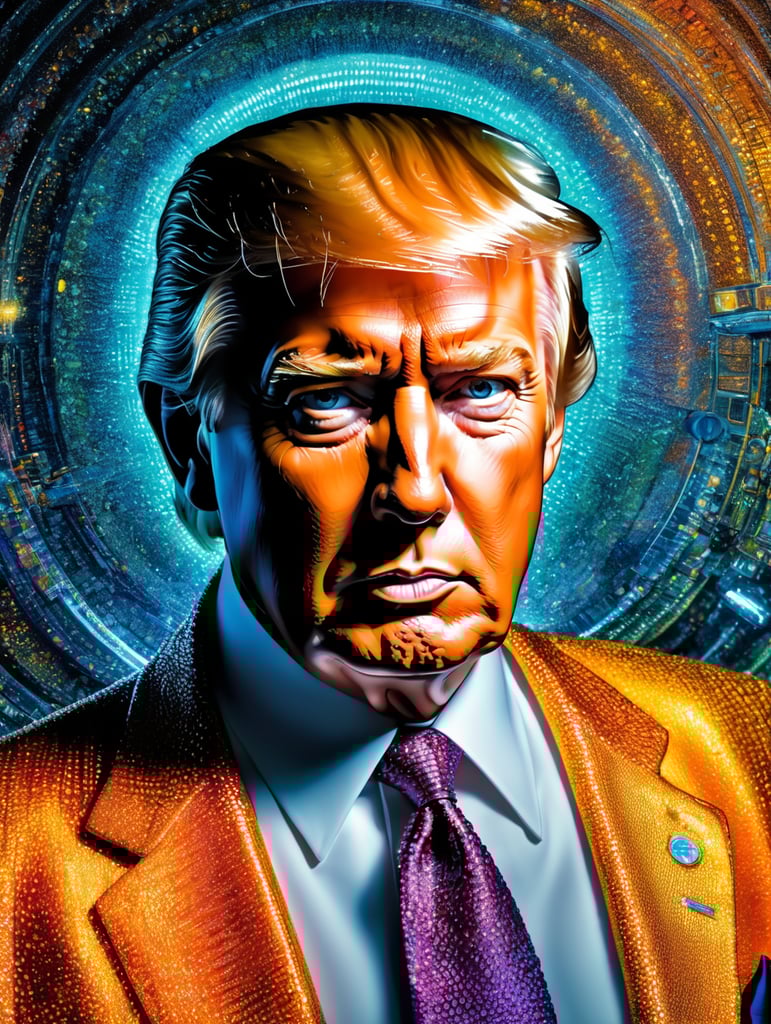 Fine Art Fluorescent Pointillism Sci-fi Surrealism Photography, Futuristic Donald Trump, Portrait made of hyper-detailed transparent frosted plastic, Moebius Bernard Buffet, van Gogh, Vermeer, Erin Hanson, Pierre Soulages, National Geographic, textured depth, vibrant fluorescent hyperrealism photo