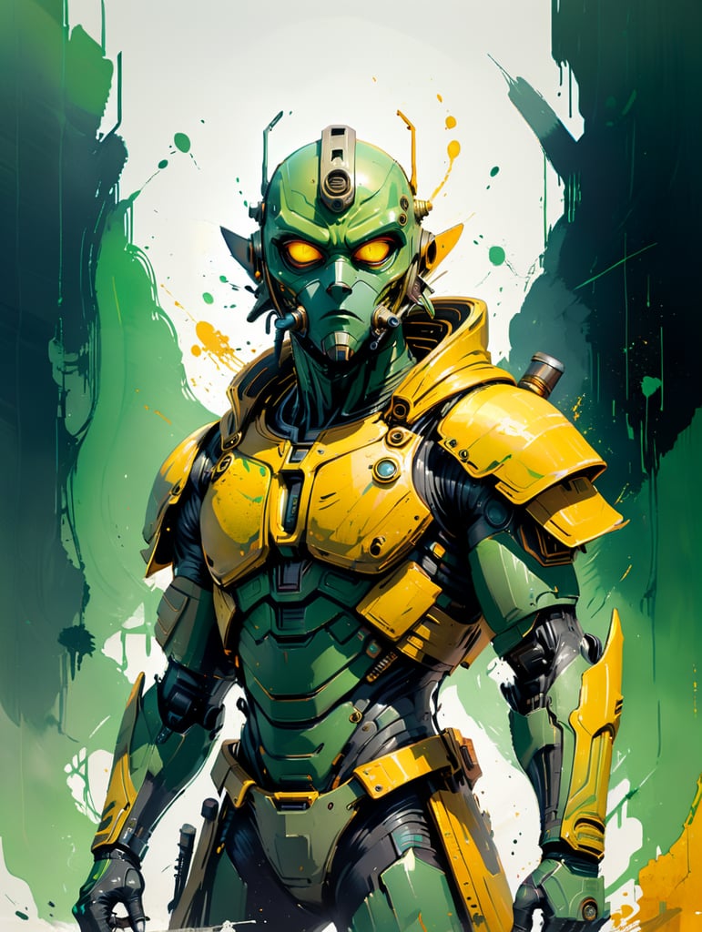 kyuzo species, full body, science fiction, green alien character, yellow eyes, shield as hat, breathing mask, blaster rifle, wearing log robes over light armor, ralph mcquarrie style