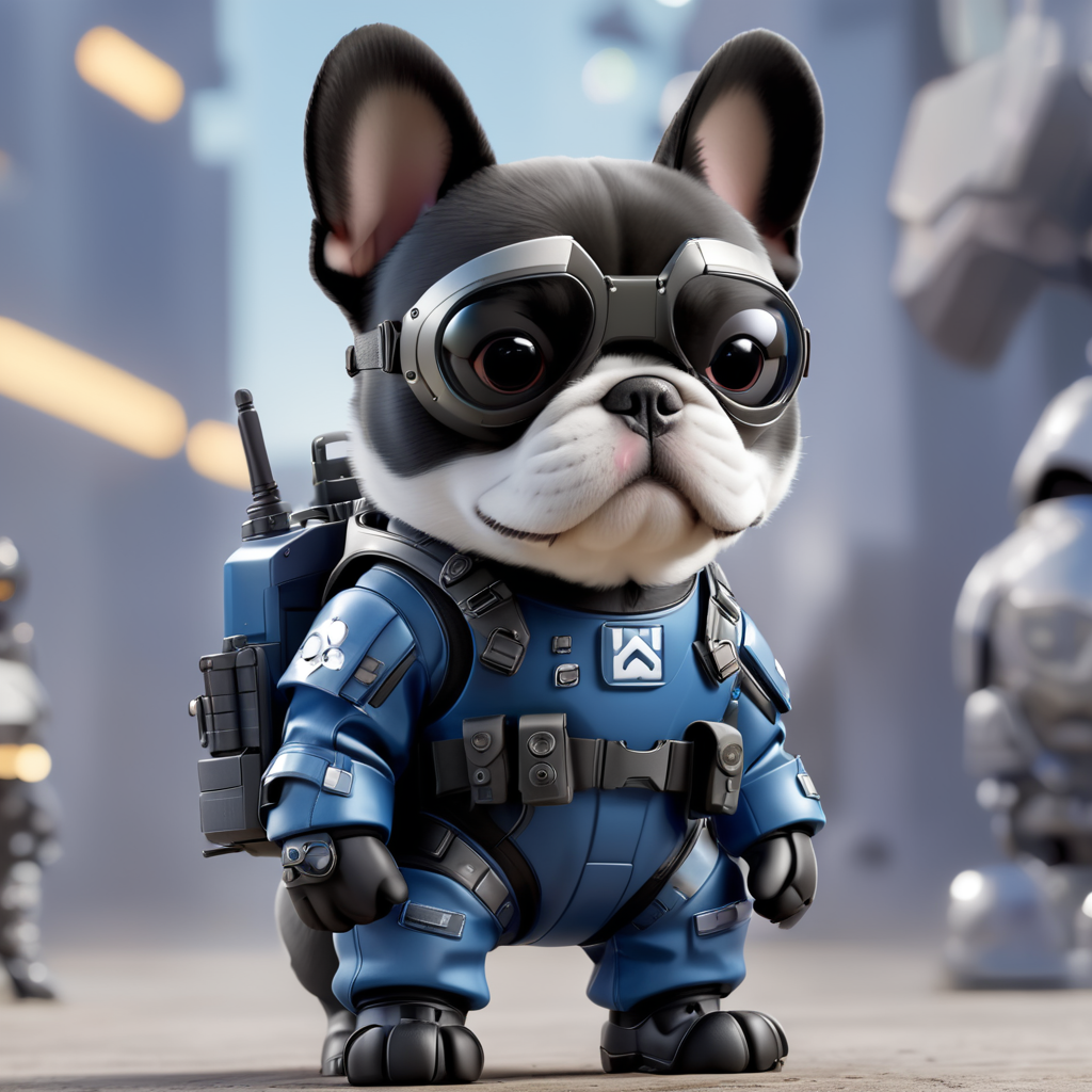 French bulldog wearing tactical outfit from the future, futuristic background