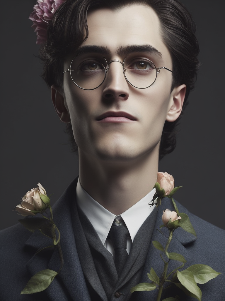 Harry potter with flowers, painted by rené magritte