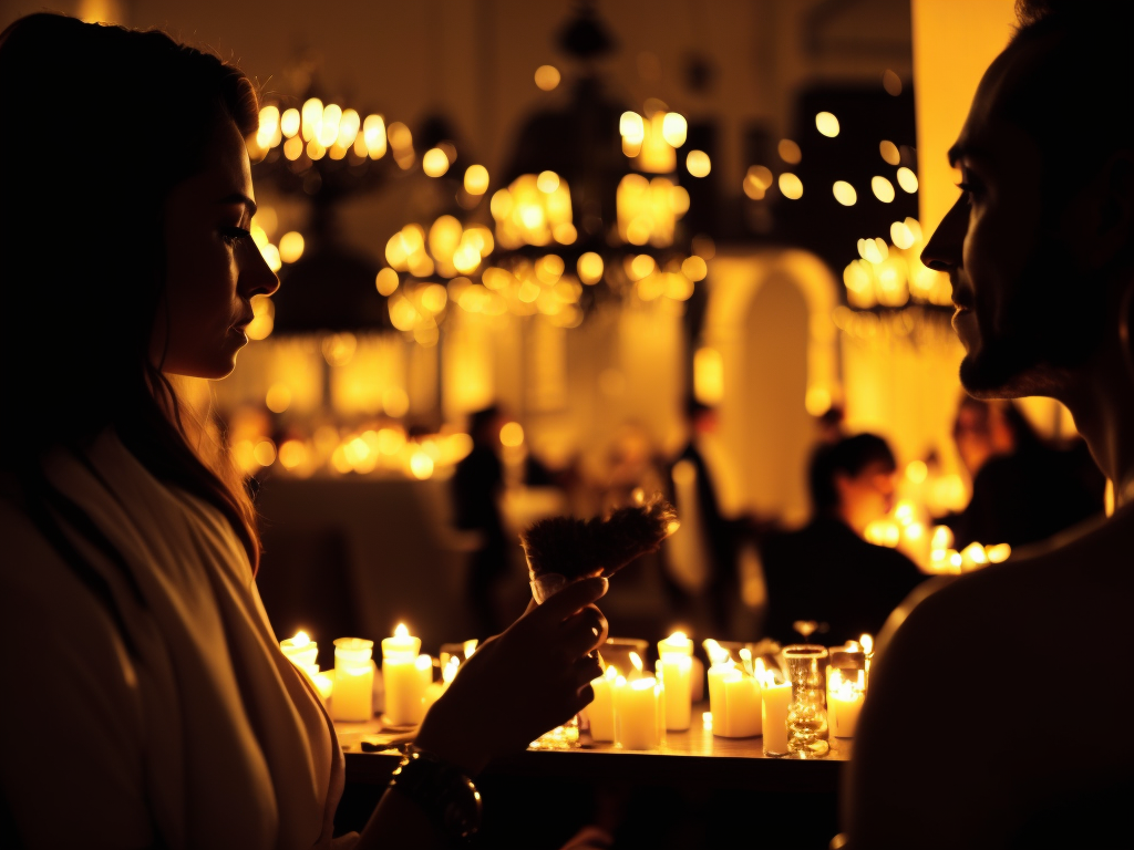 candlelit, many candles, photography, nicon camera, clearly real, southern town, Turkish, Mediterranean, Middle Asian interior design, summer night scene inside a spacious room, happy relaxing international people on the floor watching music performance, crowd, contemporary look and clothes, low light, soft warm colors, intimate atmosphere, wide angle lens, rear view, indoors, red tone