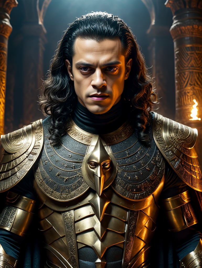 By Anne Rice and Guillermo del Toro, imagine Rami Malek as a cursed pharaoh awakened from an ancient tomb on a ghostly Halloween night, eerie, ancient, Halloween, cinematic photography, action shoot, movement, epic, high definition
