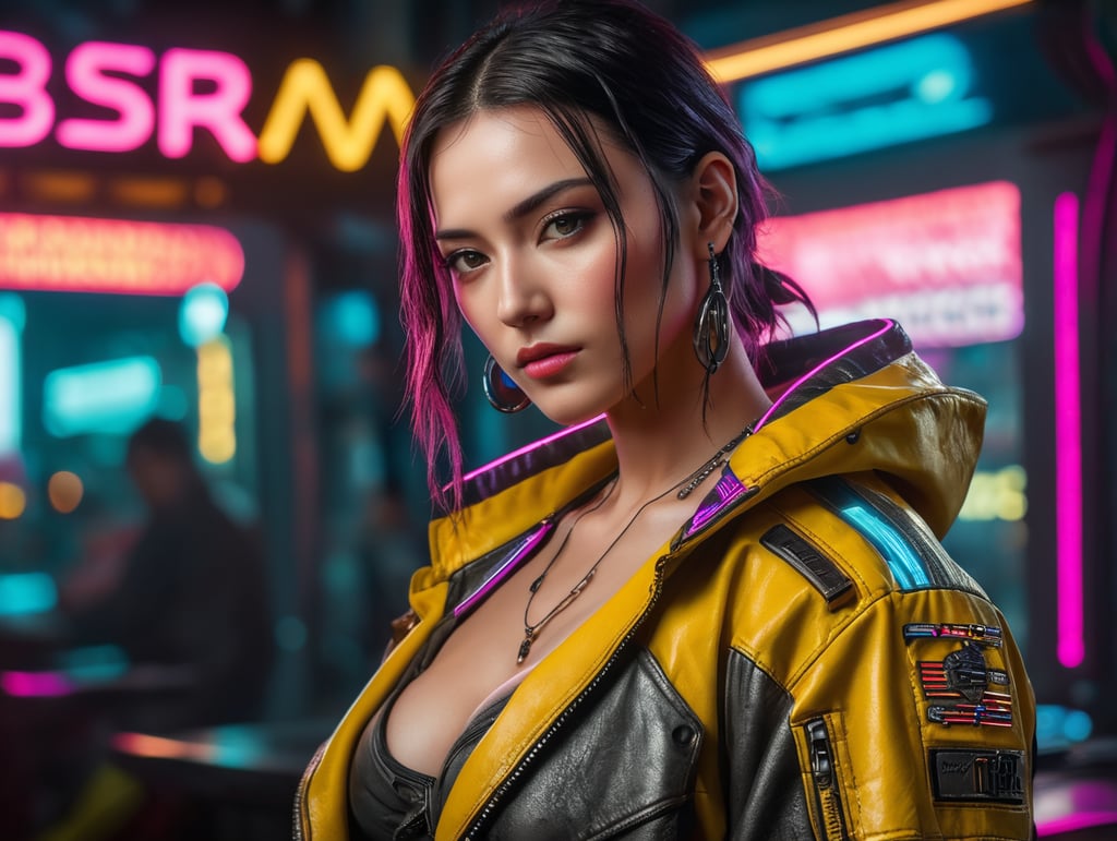 cyberpunk 2077, ultra realism, super detailed, neon colors, magazine cover, professional shot, magazine photography, bright saturated colors, sharp focus, highly detailed, room for copy