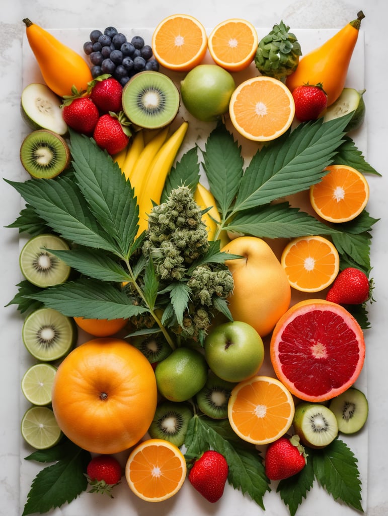 Cannabis leaf surrounded by exotic fruit, berries, and vegetables