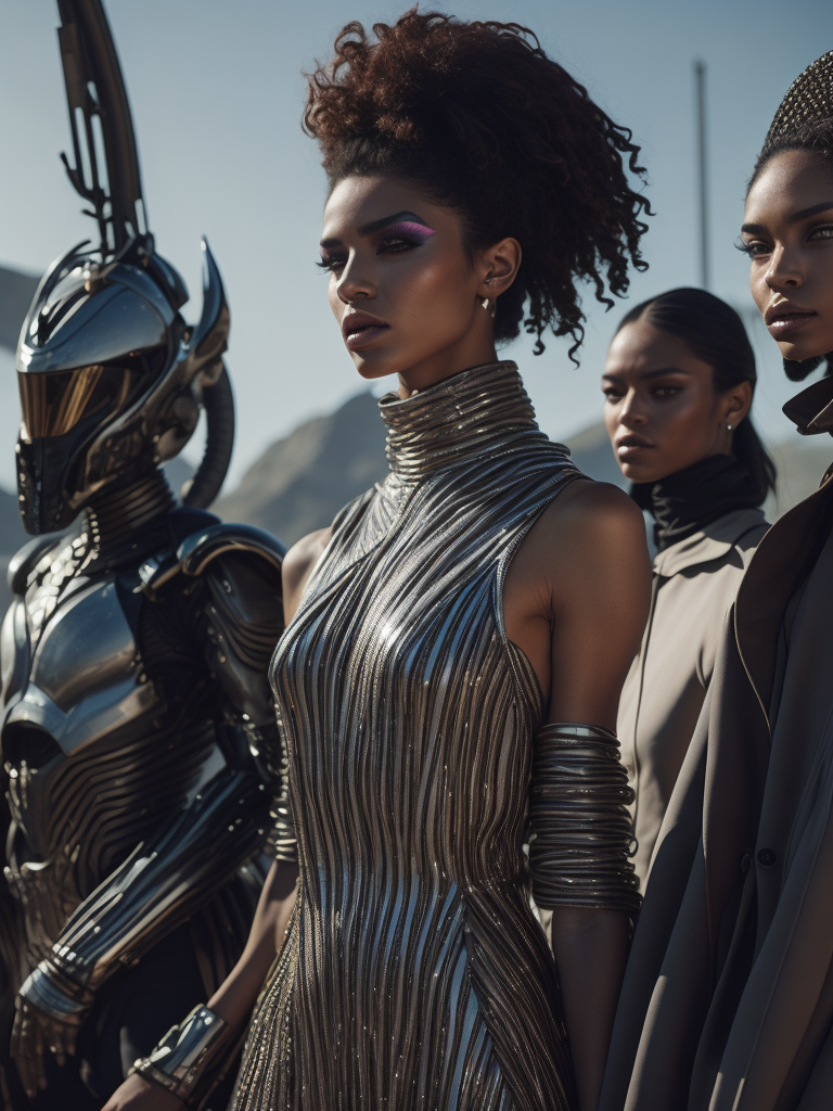 Ultra hd! realistic! marc jacobs fashion magazine photoshoot, futuristic fashion, various races of beings, most beautiful faces in the world, female posing, tight outfit, surreal landscape, photo in 80's fashion style, cinematic, surrealistic
