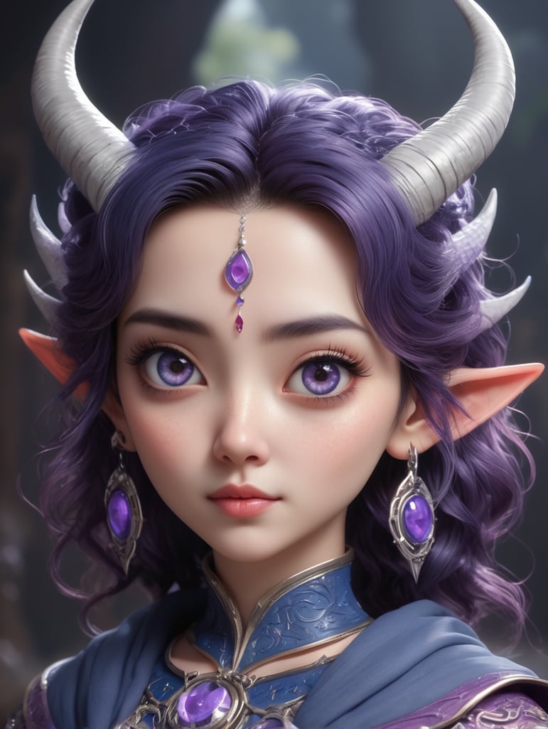 A 3D stylized fantasy character with small, curved demon-like horns and pointed ears, featuring short, messy wavy hair. The character has expressive, large eyes with a surprised or worried expression, slightly open mouth showing vulnerability. A small piercing or beauty mark below the lips adds a unique charm. The torso is wrapped in a textured cloth or bandages, detailed to give a worn and natural appearance. The hand is visible, with long, delicate fingers in a relaxed pose. The lighting is soft and dramatic, emphasizing facial features and textures. The background is a mystical, blurred gradient of dark blues and purples with subtle glowing particles, enhancing the fantasy theme. The overall style is semi-realistic with smooth textures, vibrant colors, and intricate details, evoking an ethereal and magical atmosphere.