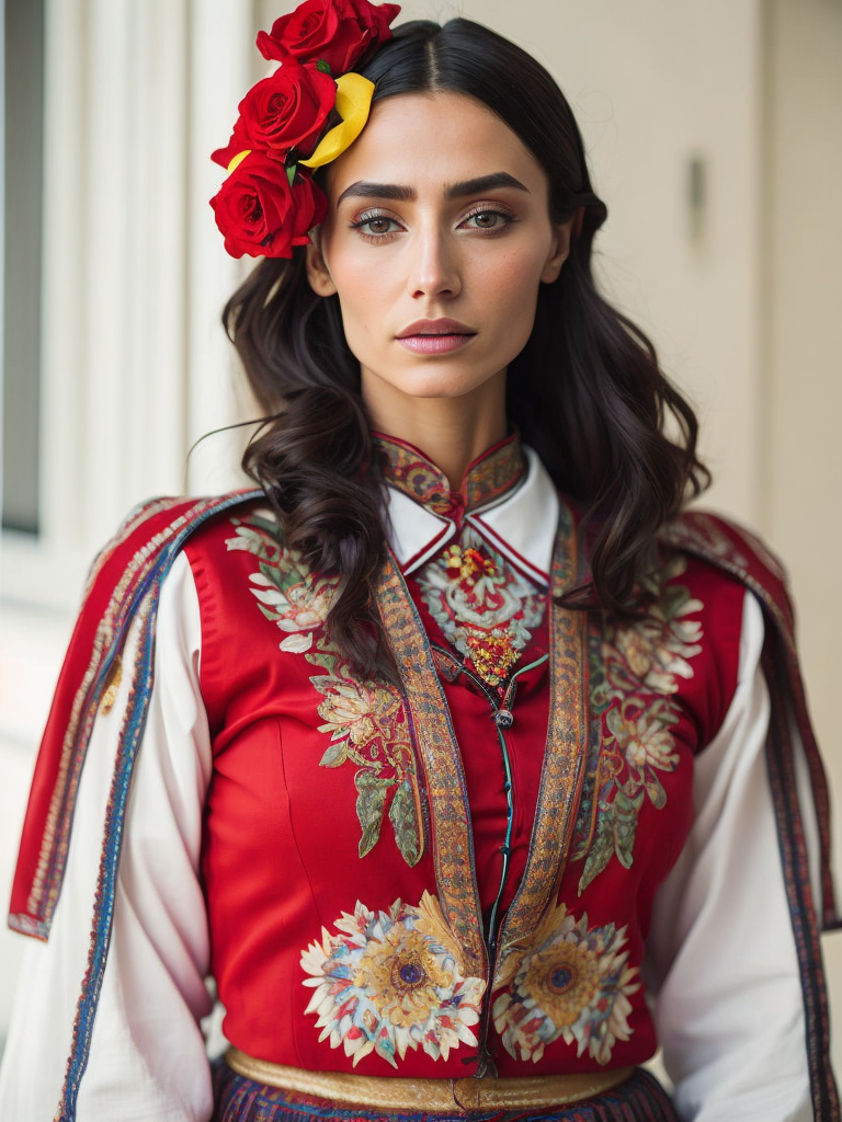 Portrait of a traditional Bulgarian woman wearing traditional costume with roses on her head, bright and saturated colors, elegant, highly detailed, vogue, fashion magazine, sharp focus, bright expressive makeup, dramatic Lighting, depth of field, incredibly high detailed, blurred background, professional digital painting, concept art