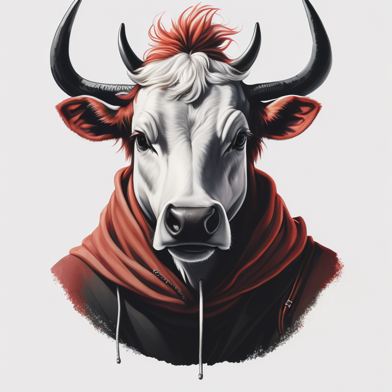 Hip Hop white cow,portrait, in black suite,black hat, vintage style, gentle watercolor style, white isolated background,full face, nose piercing