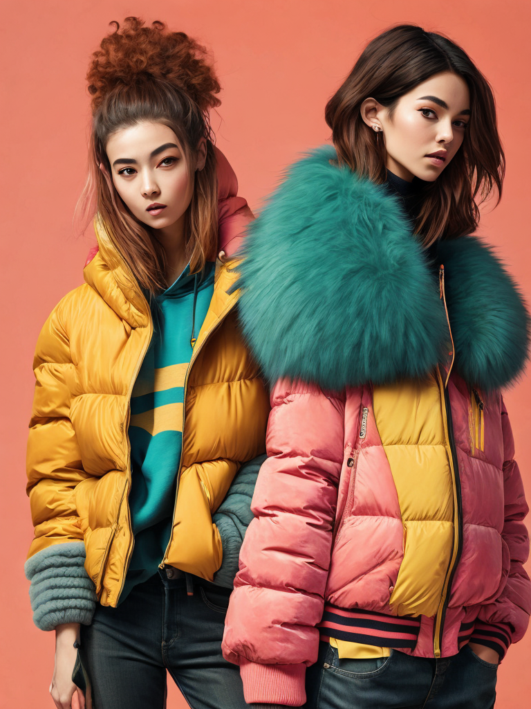 women wearing a very fluffy jackets, yellow fluffy jackets, on a pink background, bright colors