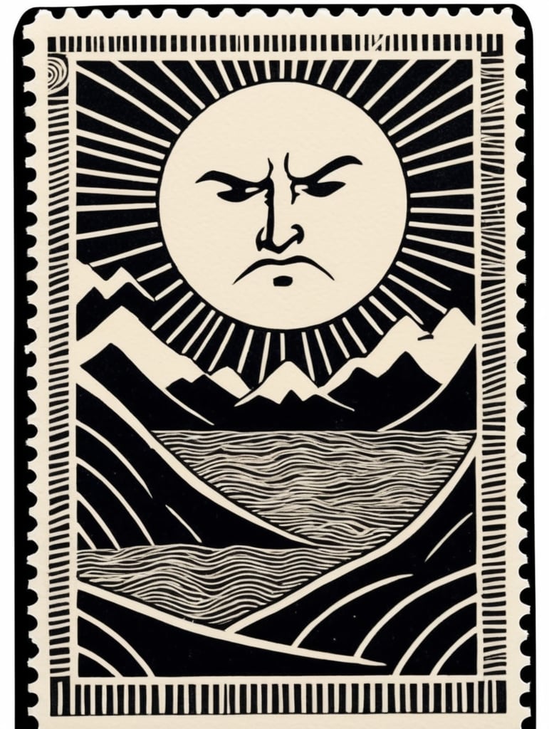 Black and white linocut postage stamp angry sun thick bold dark lines