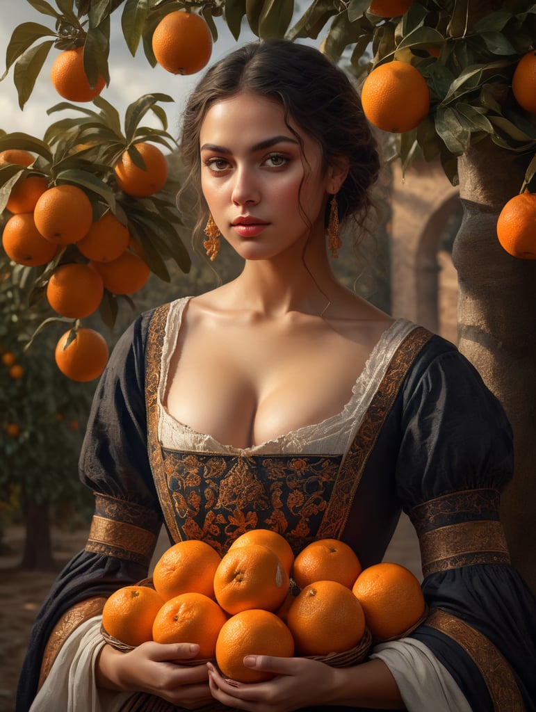 Portrait of a young, dark and beautiful Italian girl growing oranges from Sicily in 17th century Italian folk peasant clothing with a plunging neckline and full breasts, dramatic lighting, depth of field, orange trees in the background. Oranges should have a beautiful, even structure. Incredibly high detail holding fresh oranges in hand
