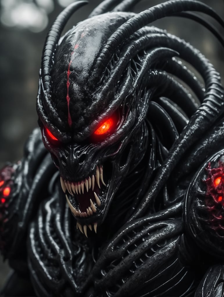 alien venom symbiote predator, gothic background, glowing neon skin tone, red eyes, horror movie theme