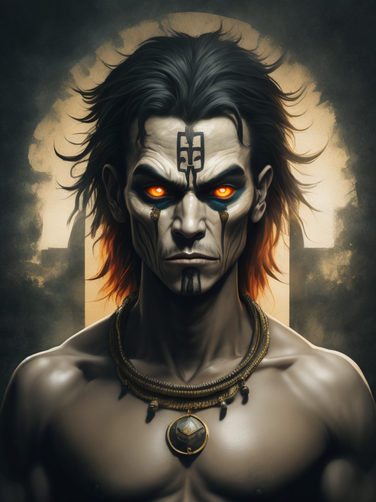 In this powerful and evocative image, mictlantecuhtli, the ancient aztec god of the underworld, emerges in all his ominous glory. rendered predominantly in stark black and white, with subtle gradations of gray, the depiction showcases the deity's menacing presence and serves as a testament to his authority. mictlantecuhtli's face embodies an intense fury, with furrowed brows and eyes ablaze with anger. his facial features are sharp and defined, with deep-set eye sockets that pierce through the darkness. elongated, bony structures form his skeletal visage, accentuating the otherworldly nature of his being. jagged teeth, stained and yellowed, protrude menacingly from his mouth, capturing his ferocity and instilling fear in those who behold him. the environment surrounding mictlantecuhtli reflects the essence of his era, transporting us to the aztec underworld known as mictlan.