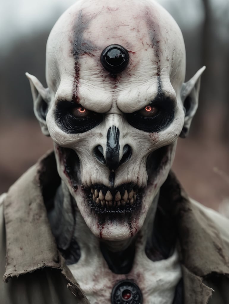 Ghoul with pale rotten skin and black bloodshot eyes