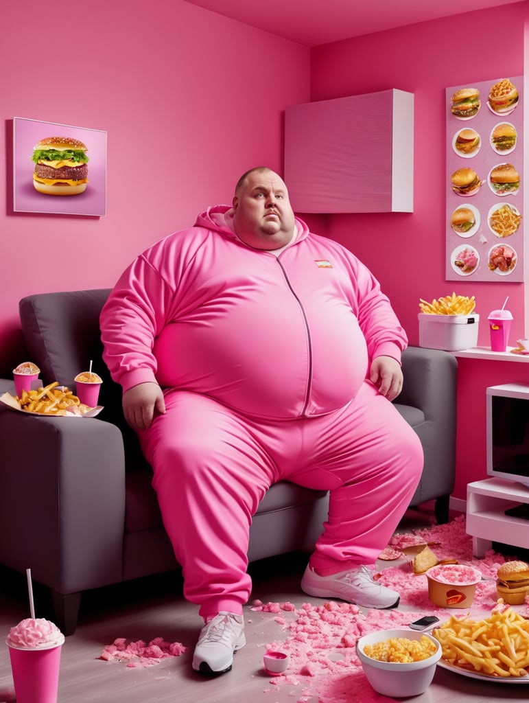 A very fat man in a tracksuit eats fast food and watches TV, the room is a mess, the room is painted pink