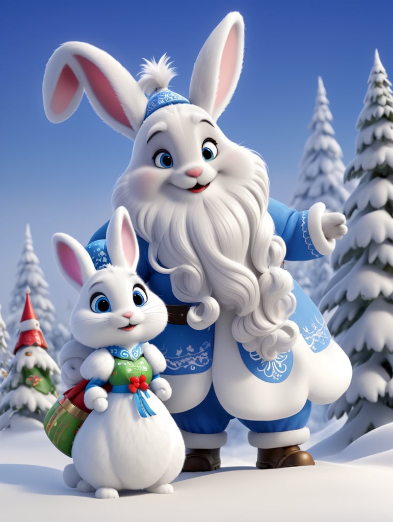 New year's card, Santa Claus and Snow Maiden, rabbit, deere, by Justin Gerard and Greg Rutkowski