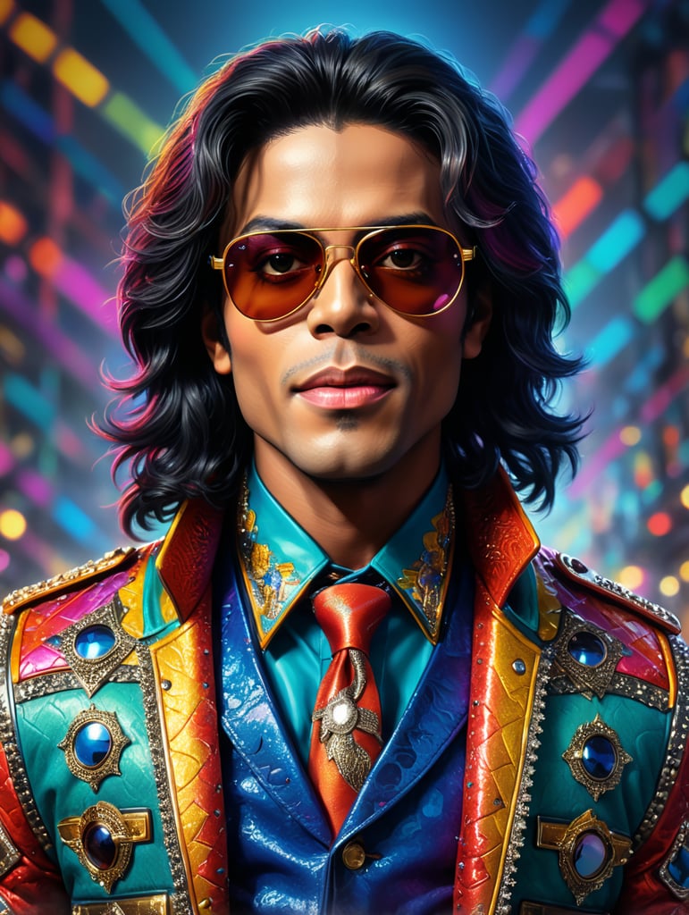 michael jackson wearing a brightly patterned jacket and wayfarer glasses, Vivid saturated colors, Contrast color