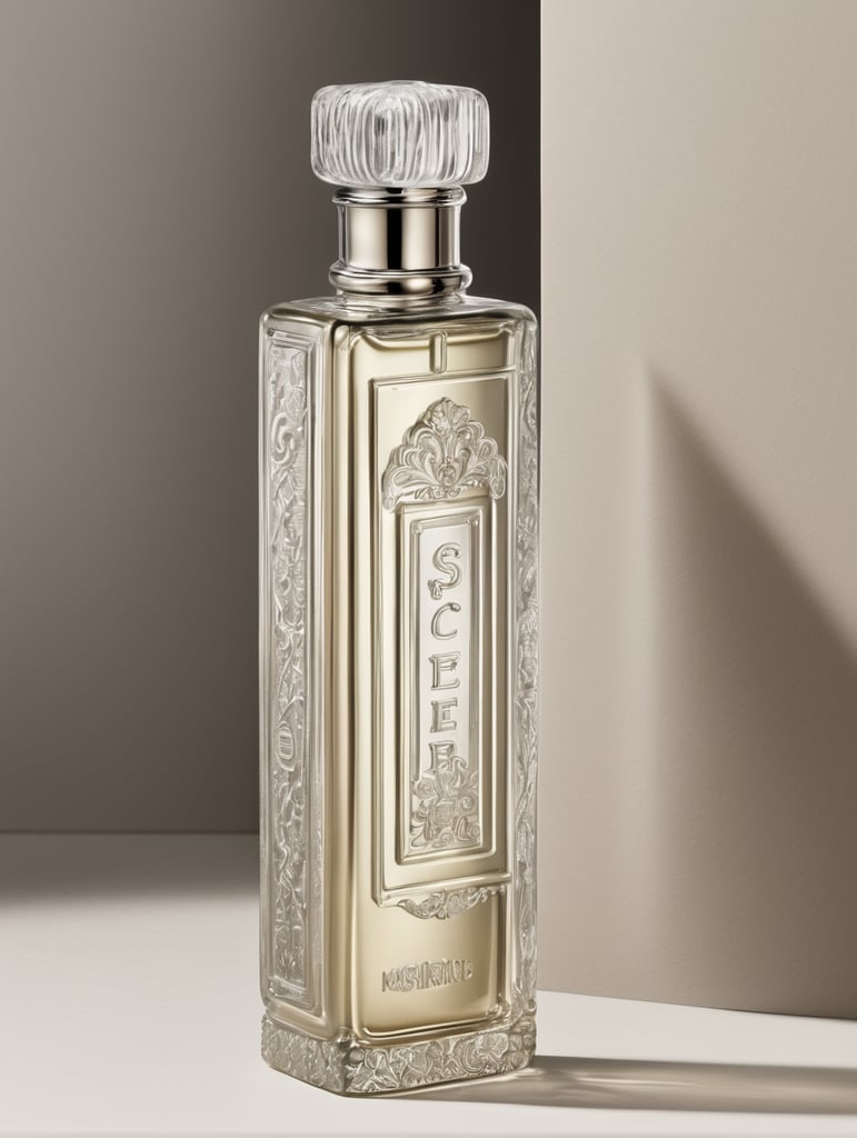 botella de perfume muy alta y esbelta con tag street, monocromatico en alto relieve
