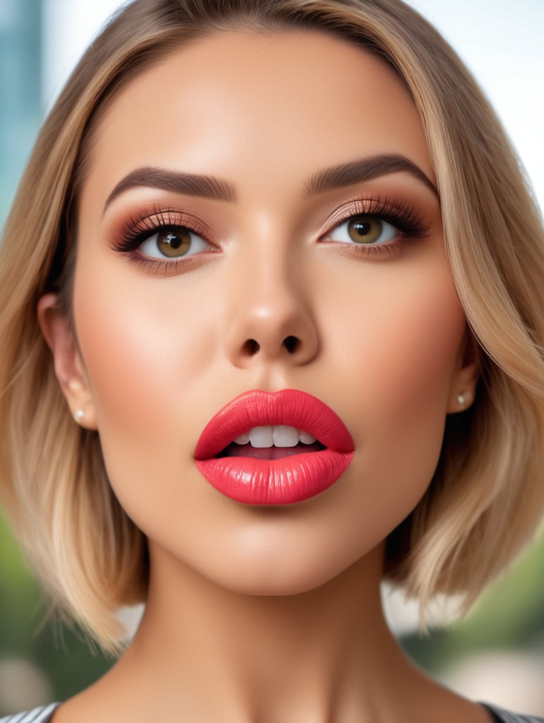 Portrait of a beautiful girl posing in front of the camera with abnormally ((huge Botox-pumped lips)), glamor photo, professional shot, bright colors, magazine cover, (goofy but businesslike expression), fashion, sharp focus, dramatic lighting, depth of field, incredibly high detail, blurry natural background