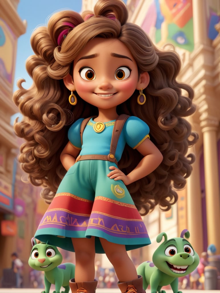 A Disney Pixar-inspired movie poster with title "Lulu Ribas", the scene should be in the distinct digital art style of Pixar in Manaus city, in front of the Amazon opera theater, with a focus on character expressions, Girl, 12 years old, light Brown Curly hair, vibrant colors, and detailed textures that are characteristc of their animations, with the title "Lulu Ribas"