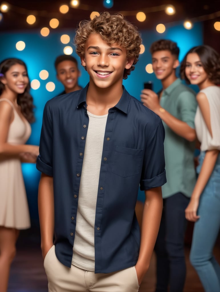 1 HD photoshoot of a teenage boy. His tan complexion contrasts with his short curly brown hair, and his eyes sparkle with enthusiasm. full body frame. Dancing in the party