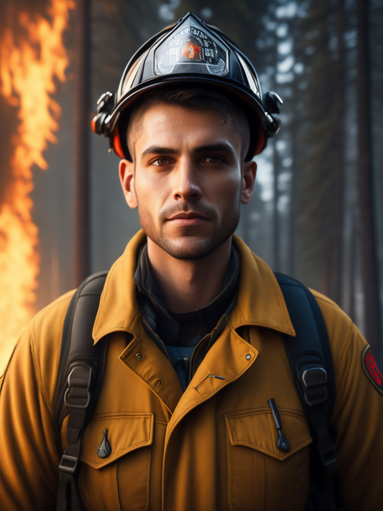 epic portrait of a Firefighter, close-up, forest fire, British Columbia Wildfire, Canada