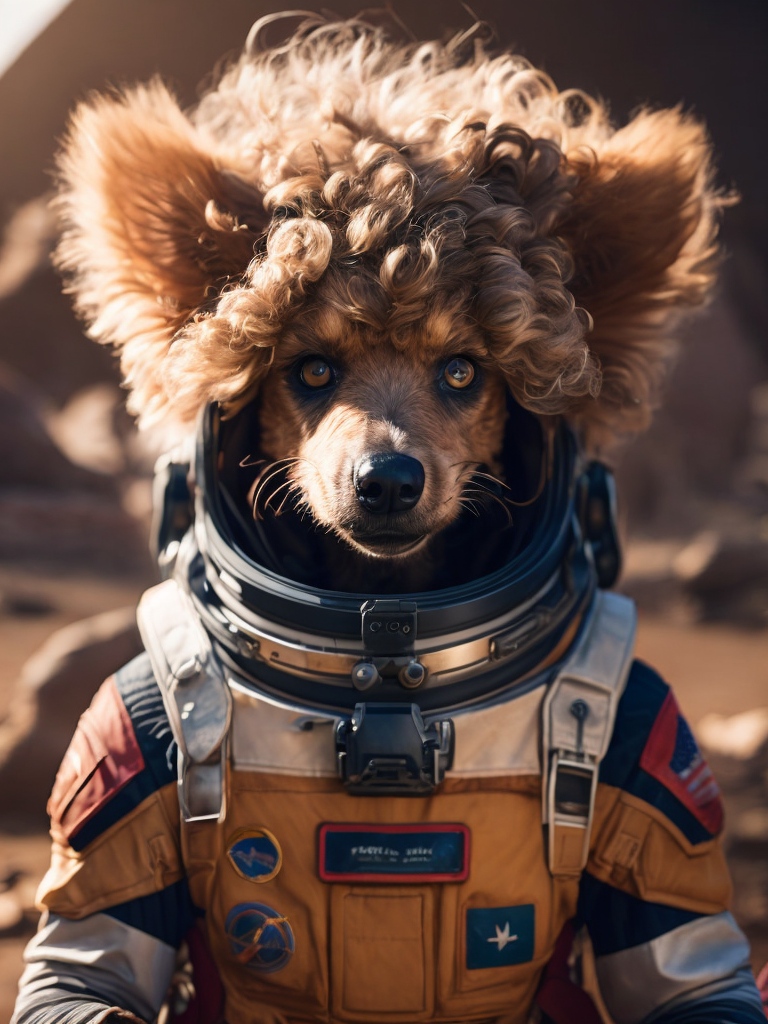 A curly poodle like a Rocket Raccoon from Guardians of the Galaxy wearing astronaut costume on the Mars