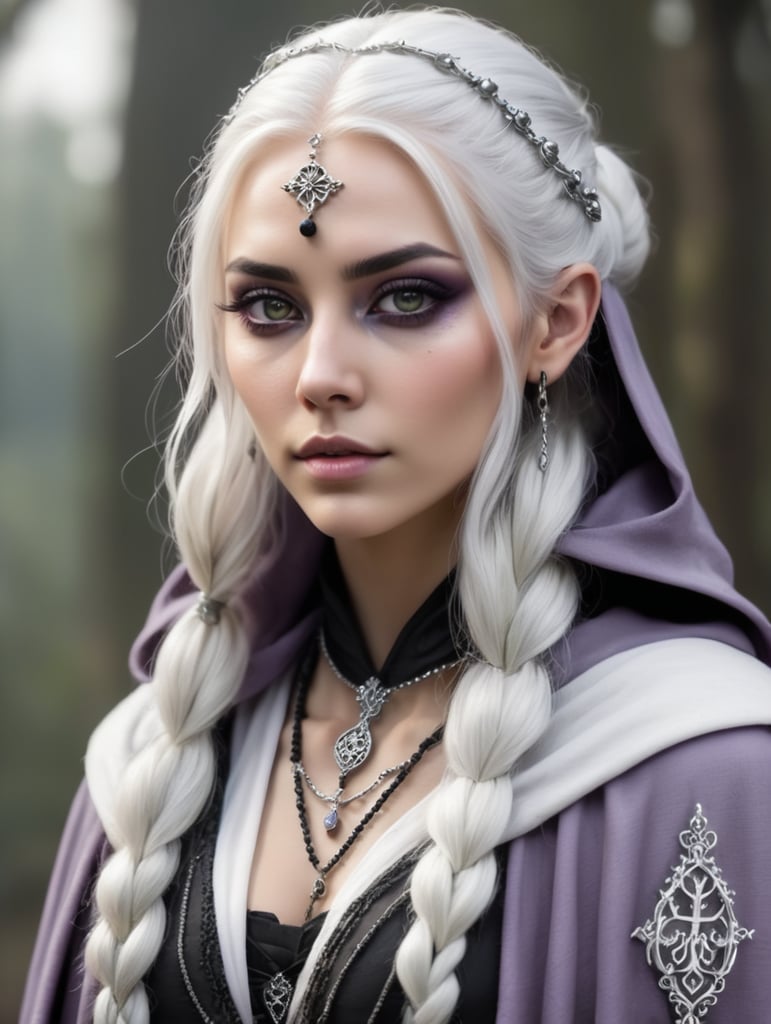 beautiful elven woman with ashy light purple skin casting magic , long white hair tied up in a half bun , solid white eyes with no color , black smudged eyeliner , wearing a rosary necklace made of iridescent beads , wearing a hooded cloak , stunning detail , gothic color palate