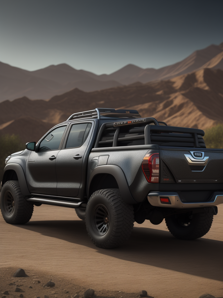 toyota hilux in metallic dark grey back view tuned like a off road Baja California truck with steel back and front bumpers