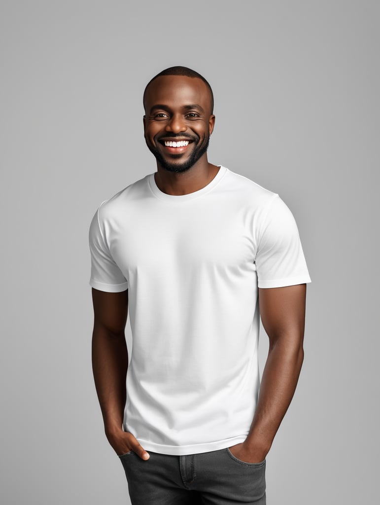 a black African man wearing white t-shirts, standing in front of black background, blank shirt no print, smiling, photo for apparel mock-up