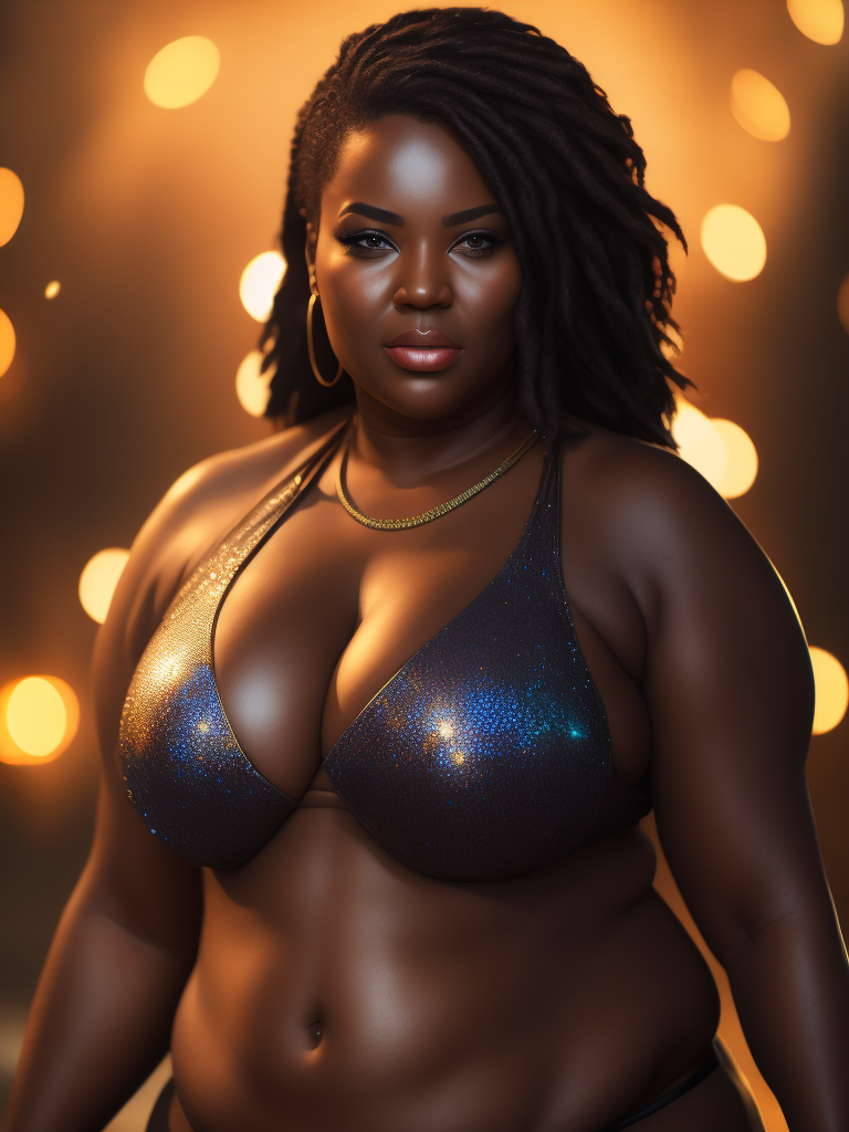 young plus-size woman with black skin and big breasts wearing a bikini with bokeh lights as background