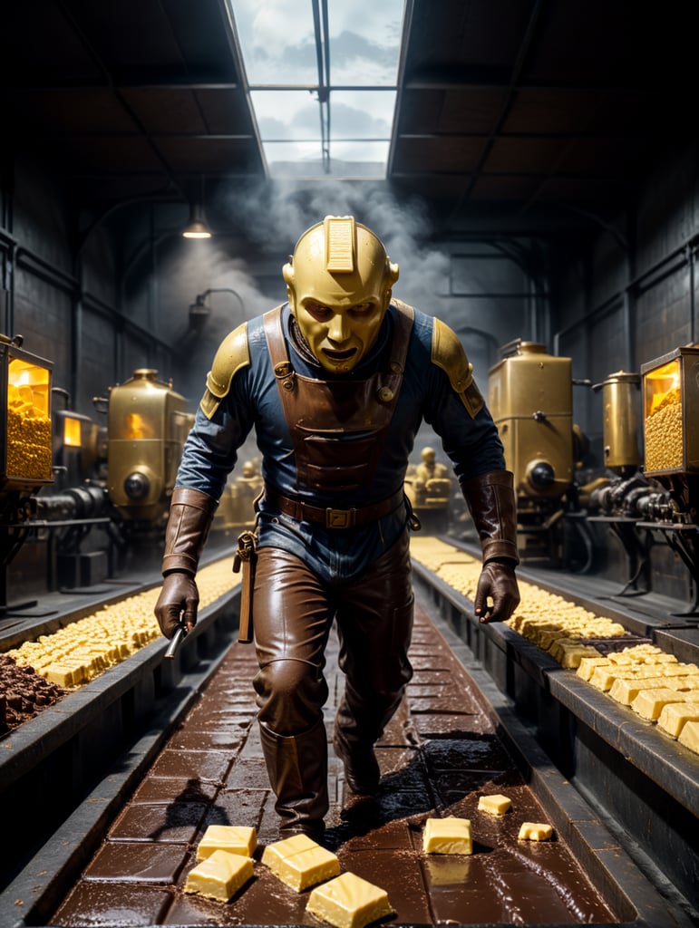 a person made of butter running a chocolate factory