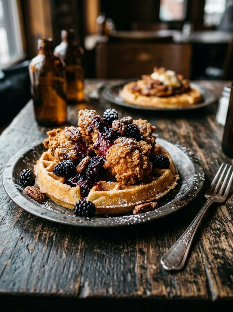 close-up food photography, fried chicken and waffles on a rustic metal plate, topped with plump blackberries, dark berry compote, candied pecans, dusted powdered sugar, weathered dark wood table, vintage silver fork, sliced jalapeños, softly blurred background with a matching plate, amber glass bottles, moody dramatic lighting, shallow depth of field, rich culinary textures