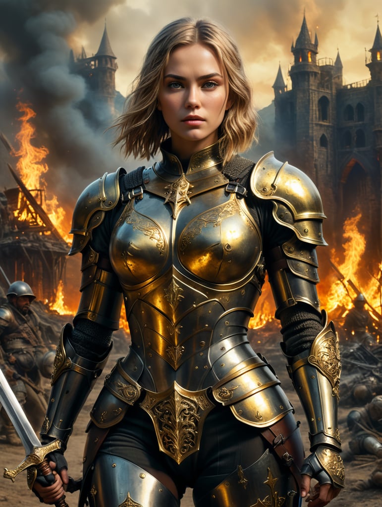 full length body, perfect chest size C cup, perfect medium butt, slim girl model wearing medieval gilded armor and sword, short gold straight hair, heroic expression, dream light, dream effect, post apocalyptic landscape with fire in the background