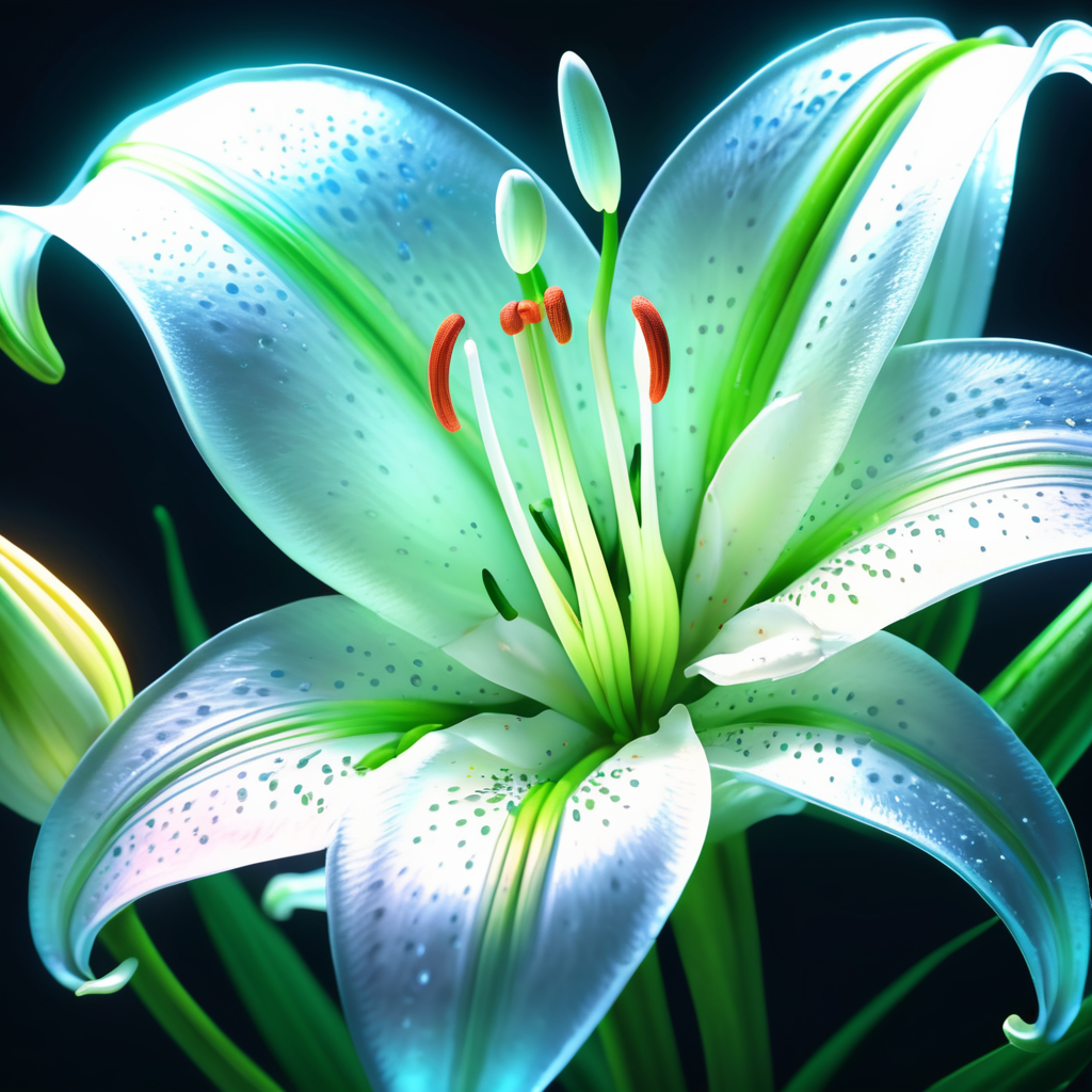 bioluminescent white flower Lily, hyper detailed rendering, 4k, magic light, neon watercolours