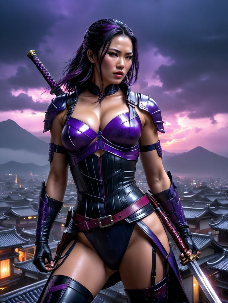 dc character psylocke realistic, hold a sword in hand, 4k, ominous lighting, purple glowing accents, clear night sky, perched on a rooftop in old Japan, embracing heavy rain, very dark lighting,