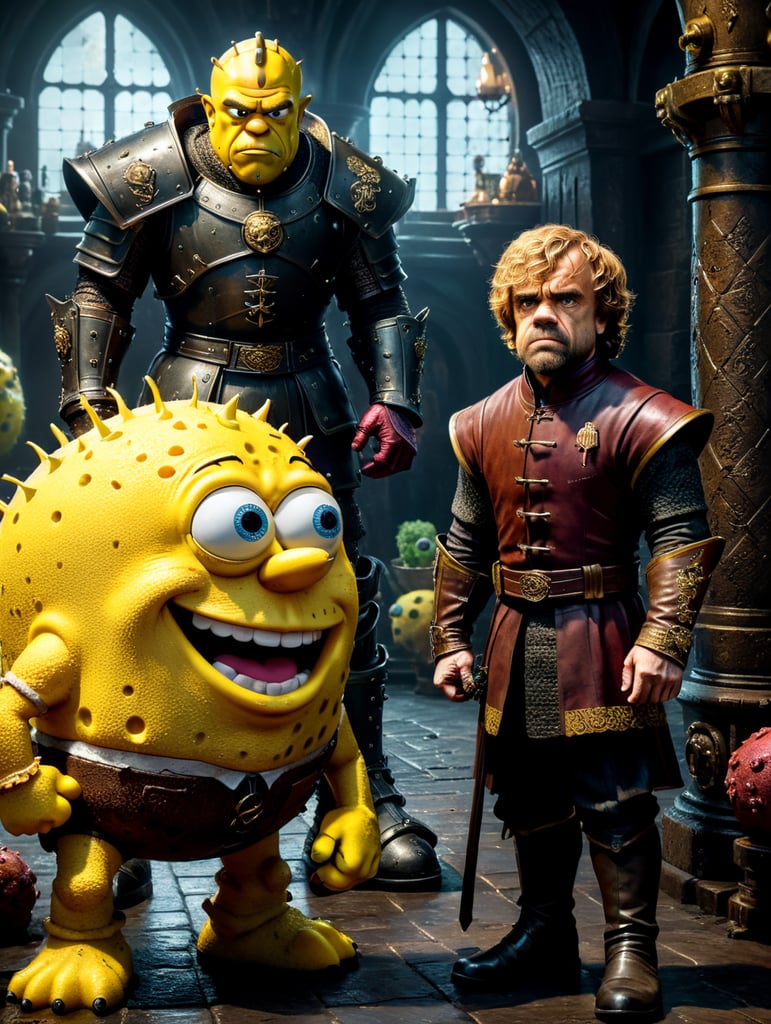 Tyrion Lannister stood next to spongebob mafia style
