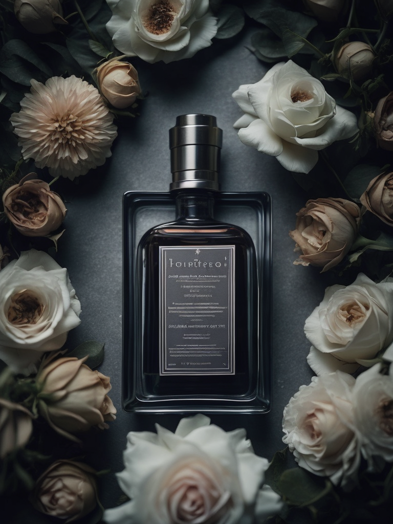 A parfume bottle is surrounded by flowers and flowers in a pile of them, looking up at the camera, a stock photo, conceptual art, photorealistic