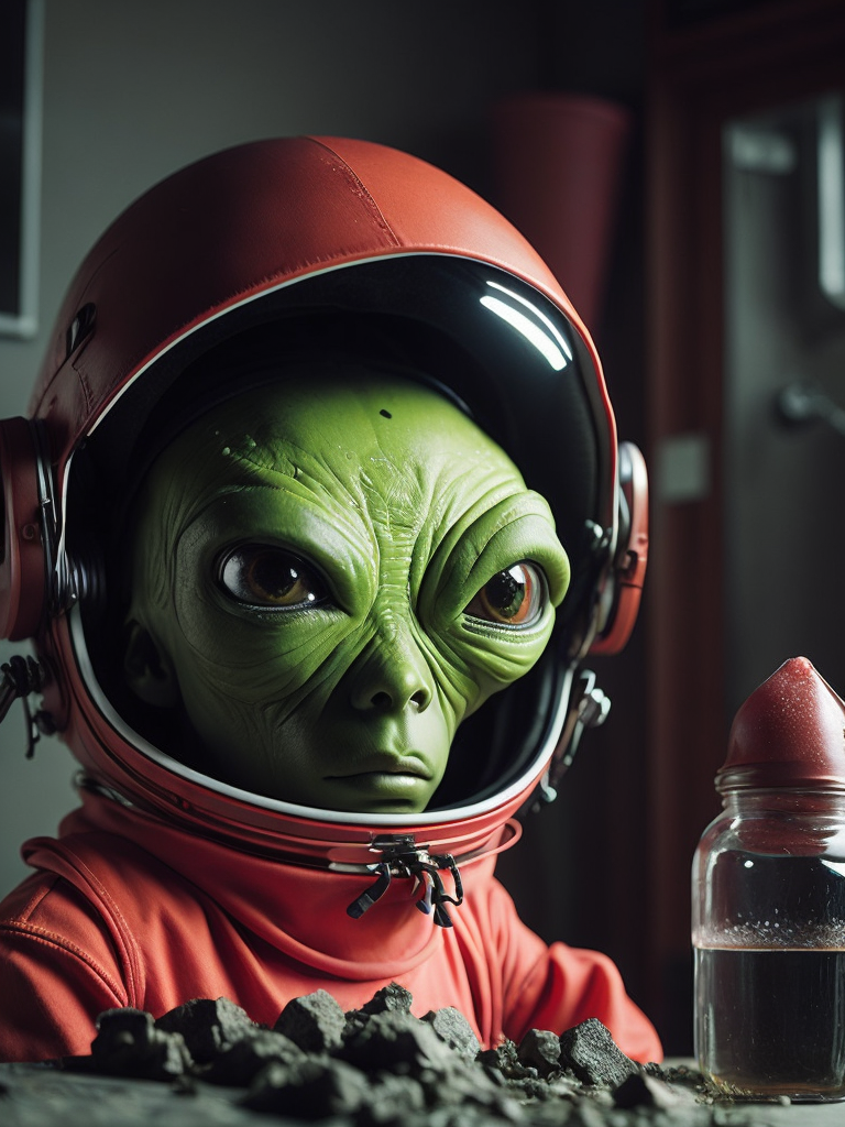 Hyper-realistic of a tiny green aggressive alien with two antennas each bearing an eye in real-life, his head on a big glass capsule helmet, garbed in a dark red astronaut suit, in an old lab looking at a grey-purple geode slimy rock is beside. The image boasts dramatic lighting, emphasizing the character's eerie yet fascinating demeanor