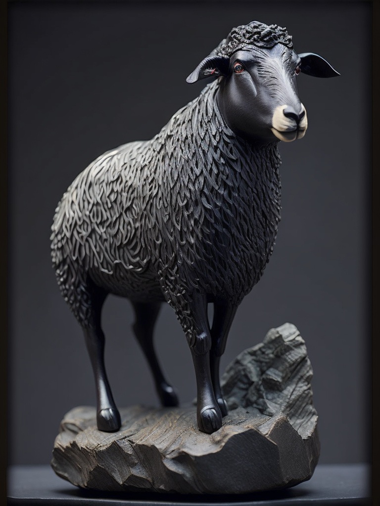 Small ebony carved sheep statue, handmade, clear details, professional woodcarver work