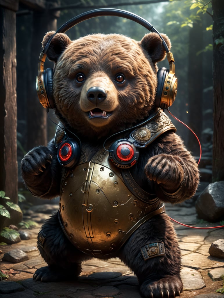 a cute bear that knows kung fu and produces electronic music with heavy bass. Wearing headphones and holding a fighting staff