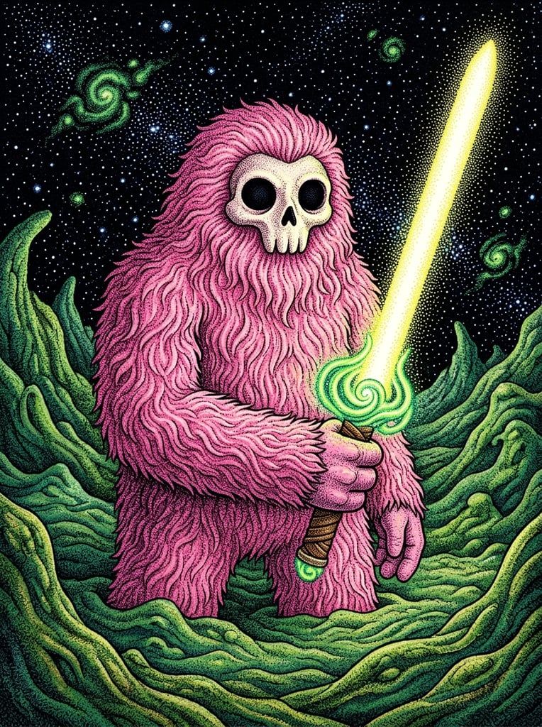 A fluffy pink creature with hollow black eyes and a skull-like visage stands waist-deep in undulating green terrain wielding a glowing energy sword. The massive entity is covered in dense, wavy pink fur and grasps a radiant blade emitting a bright yellow-white glare, featuring a green swirling handguard and a brown wrapped hilt. The surrounding landscape consists of highly textured, rolling green forms set against a pitch-black starry sky dotted with isolated green clouds. Meticulous pointillism and stippling define the illustration, creating intense visual contrast.